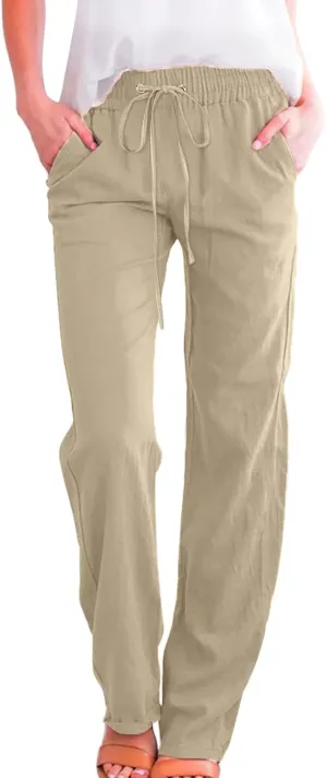 Linen Pants for Women Straight Leg Drawstring Waist Casual Pants Long Solid Summer Baggy Comfy Trousers with Pockets