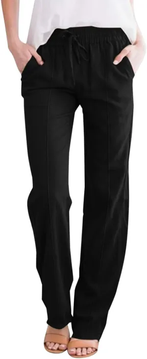Linen Pants Women Plus Size Breathable Lightweight Cotton Straight Leg Pants Loose Fit Casual Summer Beach Trouser
