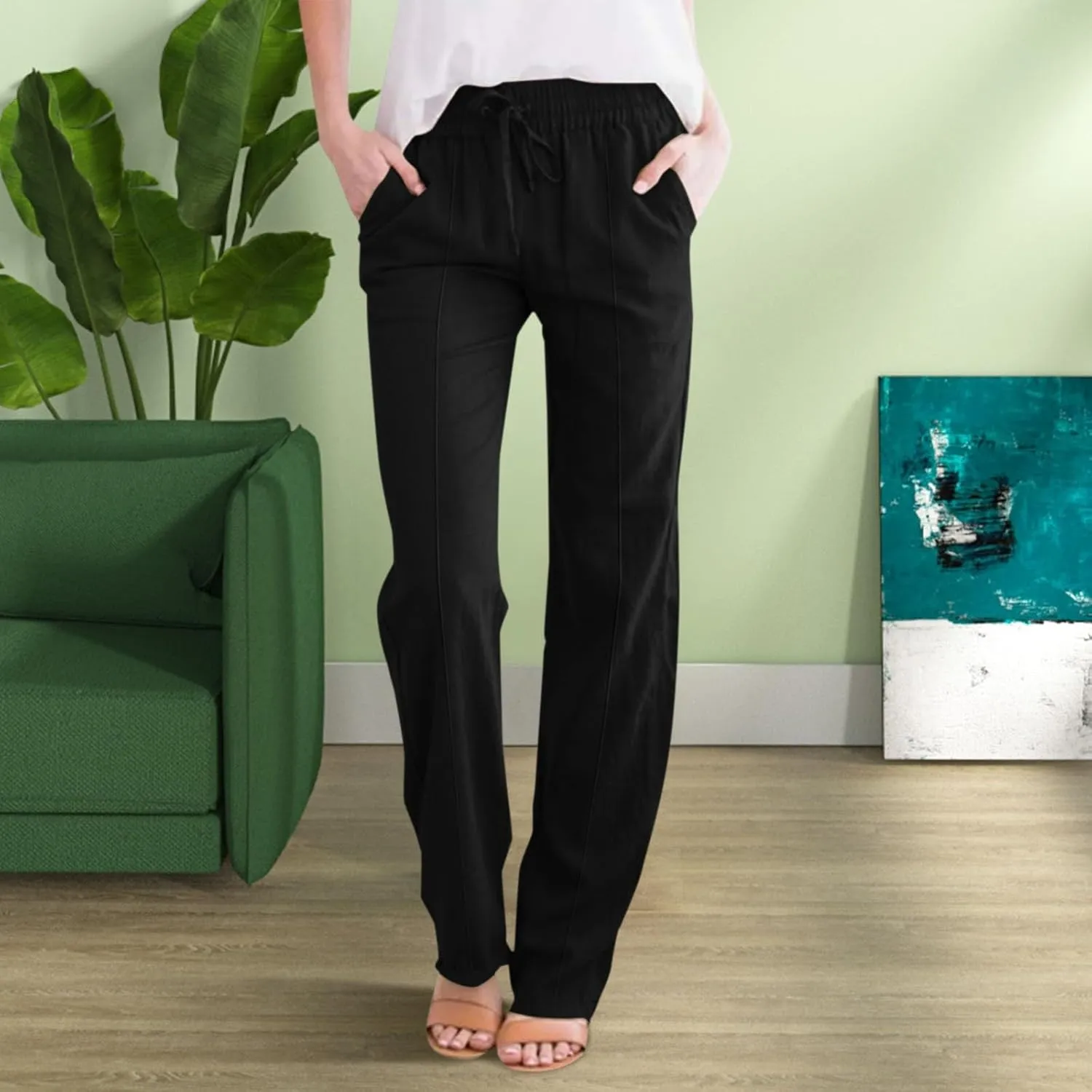 Linen Pants Women Plus Size Breathable Lightweight Cotton Straight Leg Pants Loose Fit Casual Summer Beach Trouser
