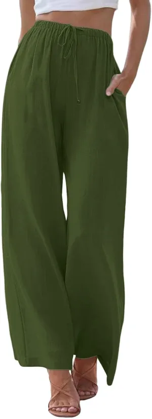 Linen Pants Women Summer Casual Boho Wide Leg Palazzo Pant High Waist Lightweight Flowy Beach Outfits Travel Vacation