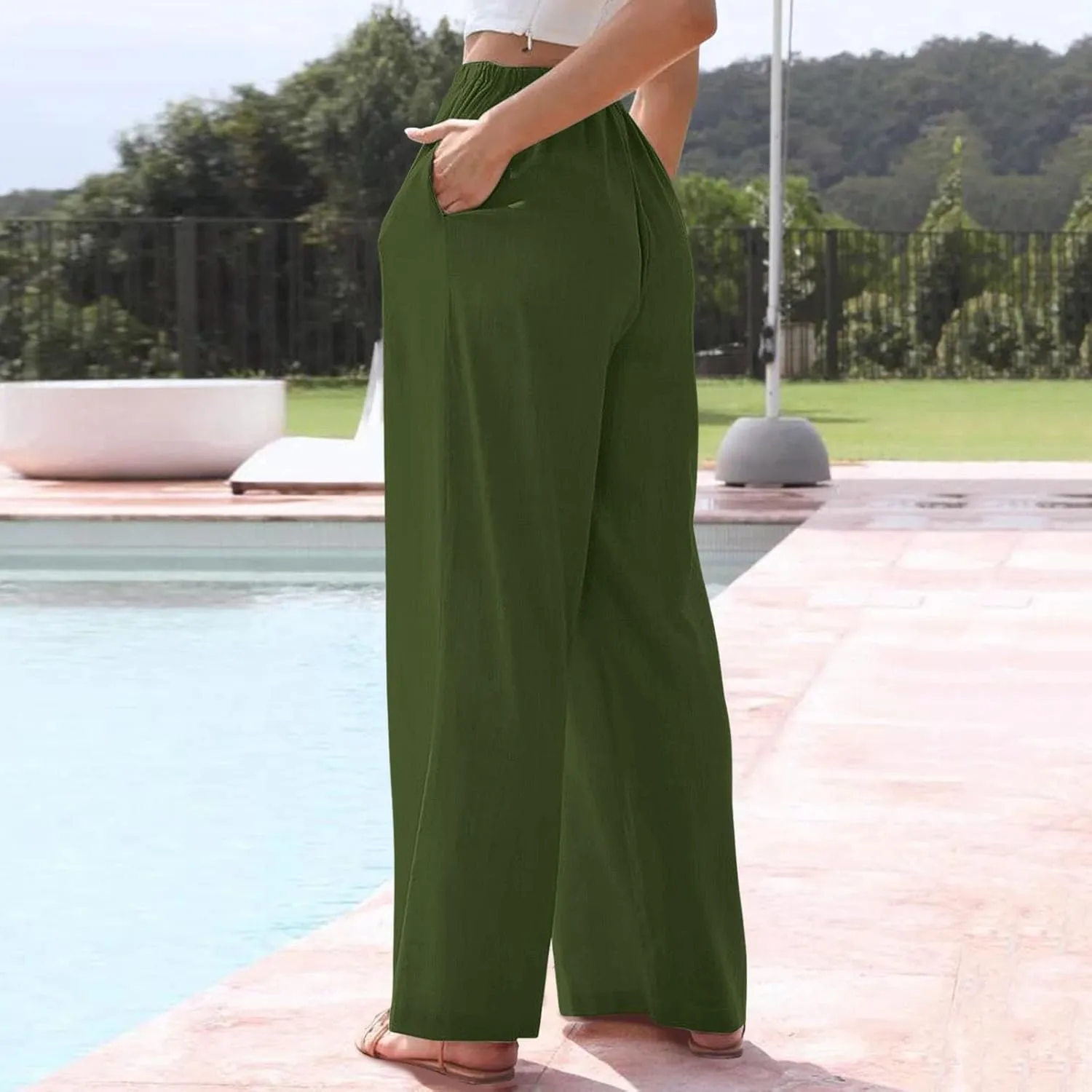 Linen Pants Women Summer Casual Boho Wide Leg Palazzo Pant High Waist Lightweight Flowy Beach Outfits Travel Vacation