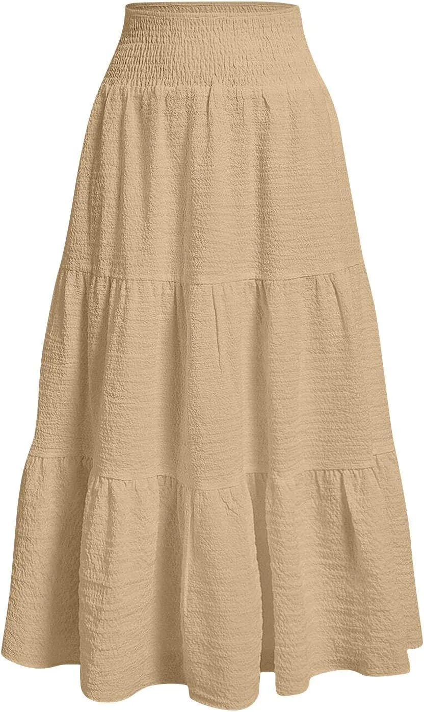 Linen Skirts for Women Smocked High Waisted Tiered Maxi Skirts Boho Summer Midi Length a Line Ruffle Long Flowy Skirts