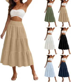 Linen Skirts for Women Smocked High Waisted Tiered Maxi Skirts Boho Summer Midi Length a Line Ruffle Long Flowy Skirts