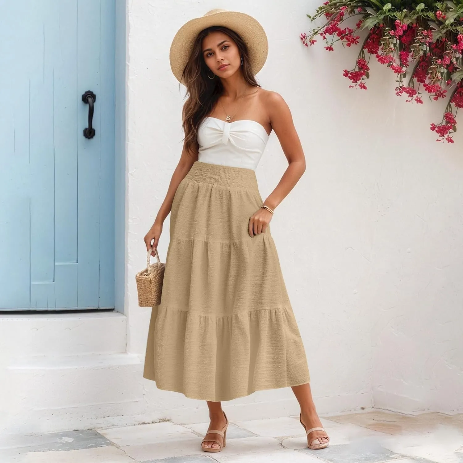 Linen Skirts for Women Smocked High Waisted Tiered Maxi Skirts Boho Summer Midi Length a Line Ruffle Long Flowy Skirts
