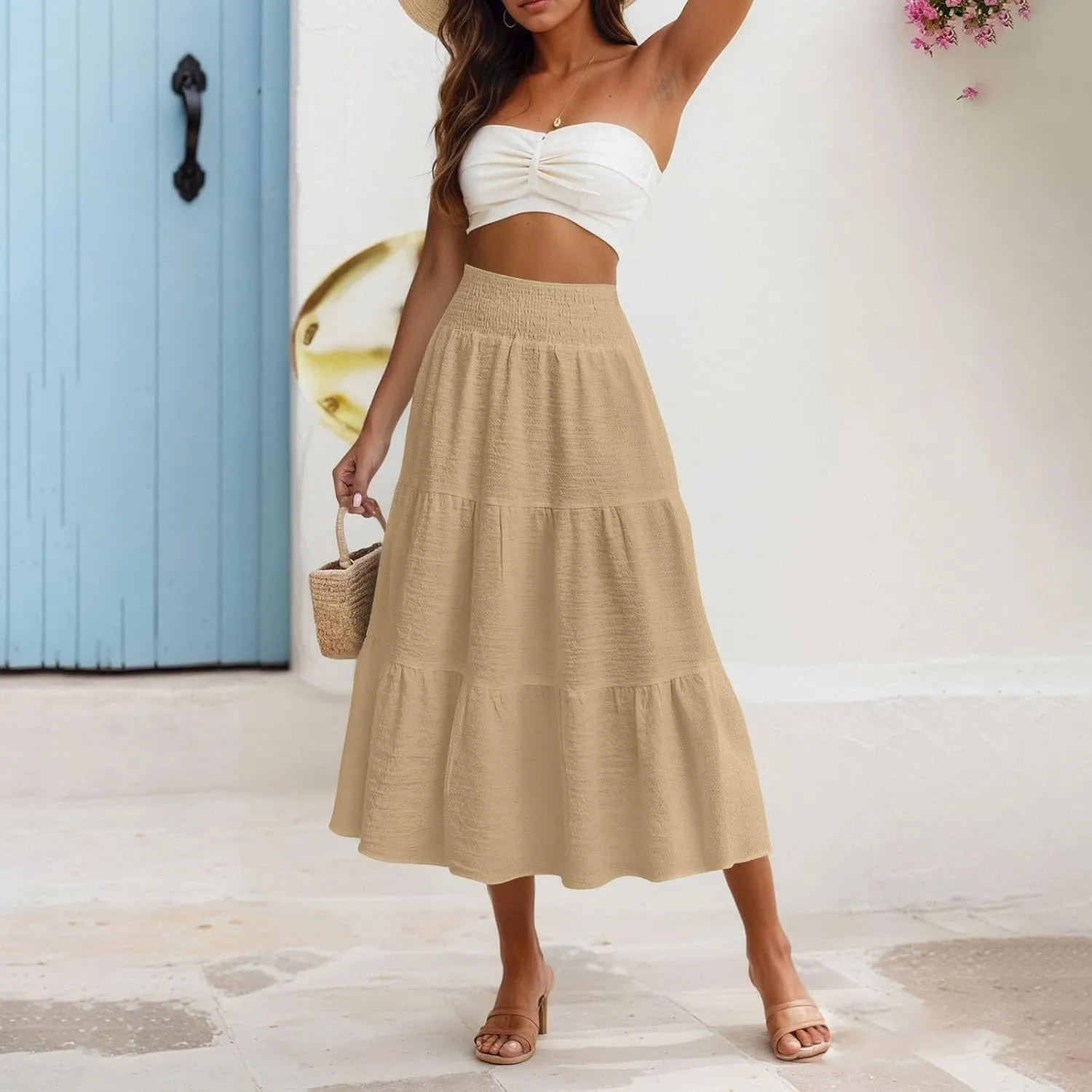 Linen Skirts for Women Smocked High Waisted Tiered Maxi Skirts Boho Summer Midi Length a Line Ruffle Long Flowy Skirts