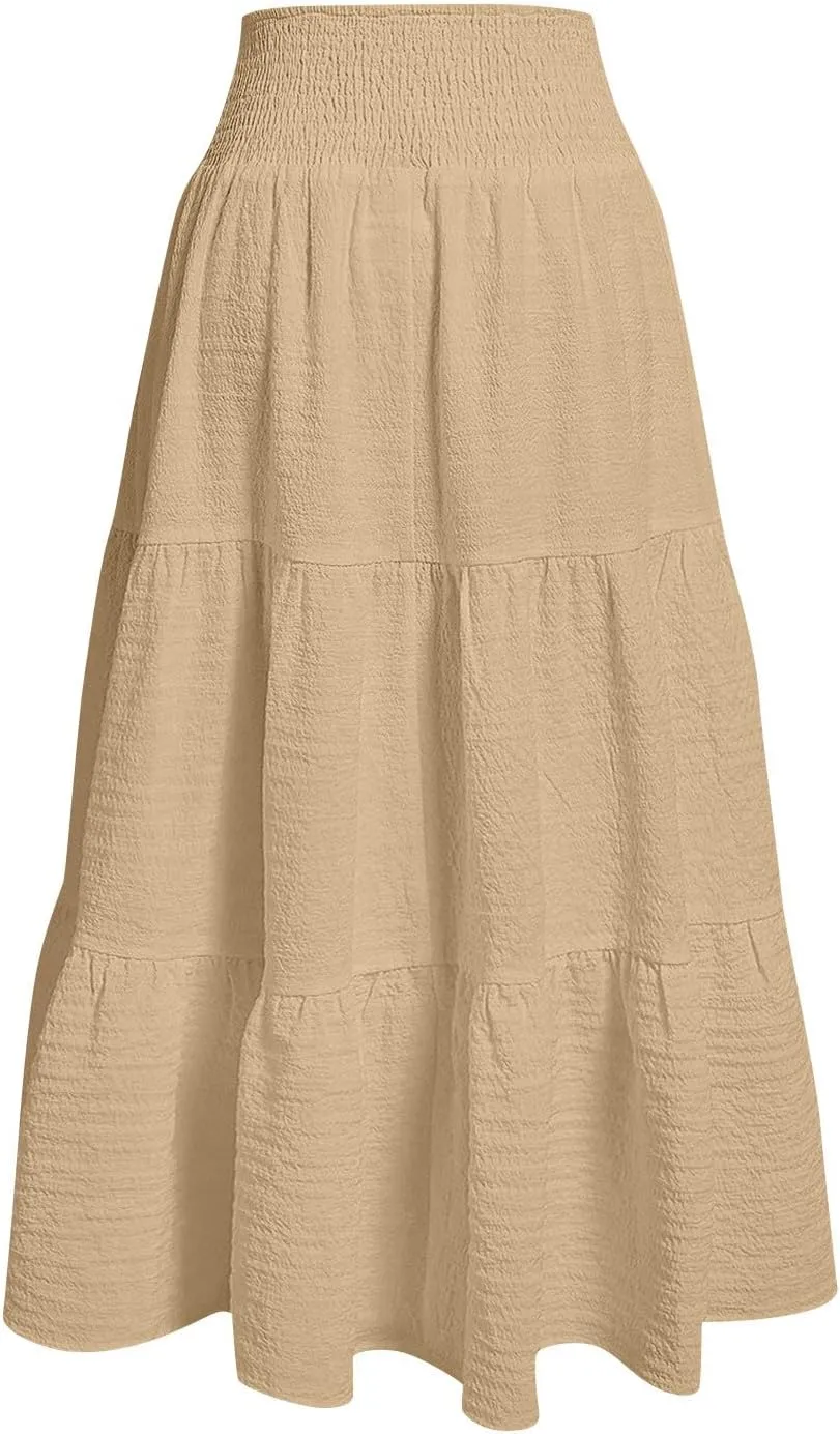 Linen Skirts for Women Smocked High Waisted Tiered Maxi Skirts Boho Summer Midi Length a Line Ruffle Long Flowy Skirts