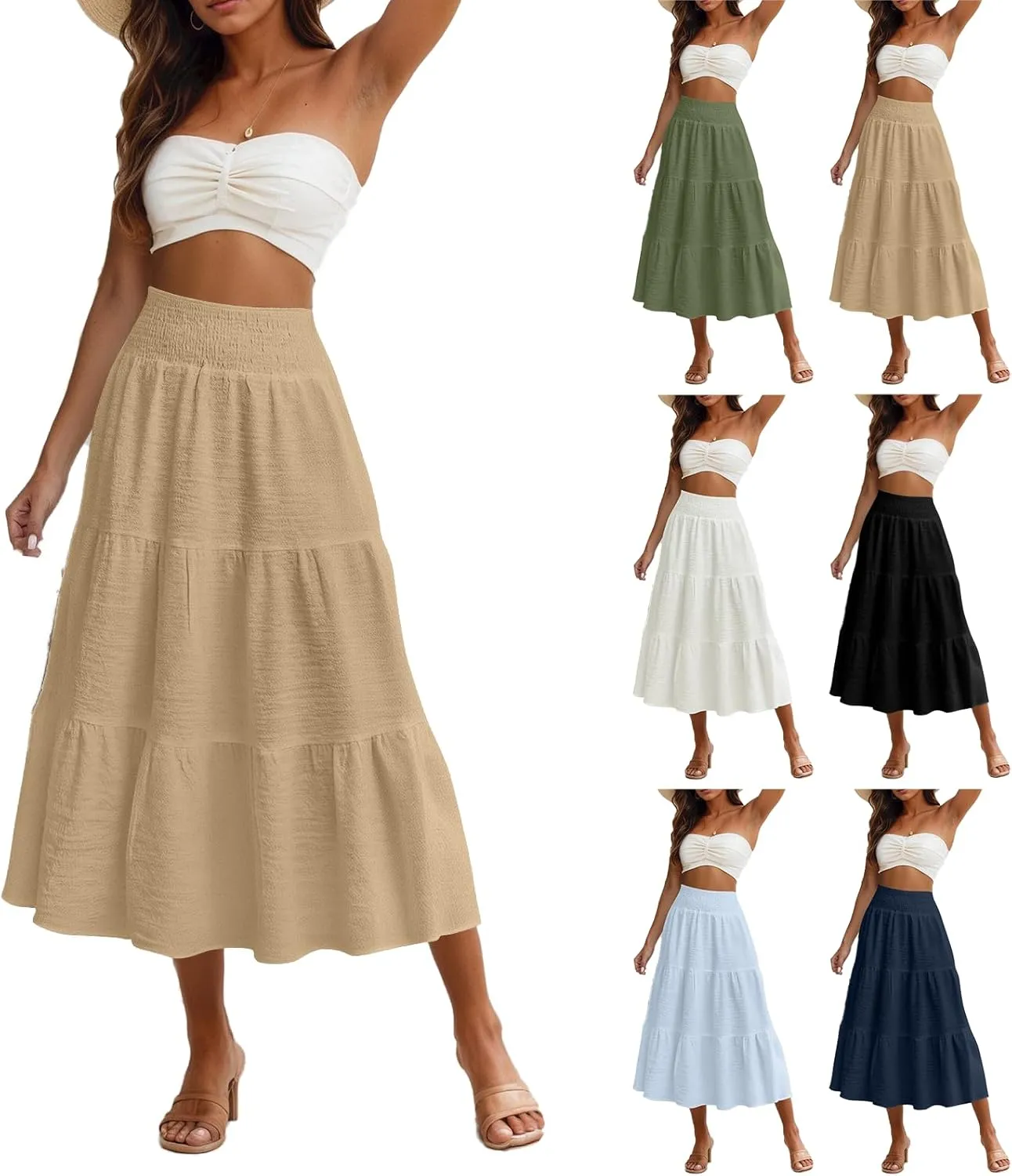 Linen Skirts for Women Smocked High Waisted Tiered Maxi Skirts Boho Summer Midi Length a Line Ruffle Long Flowy Skirts