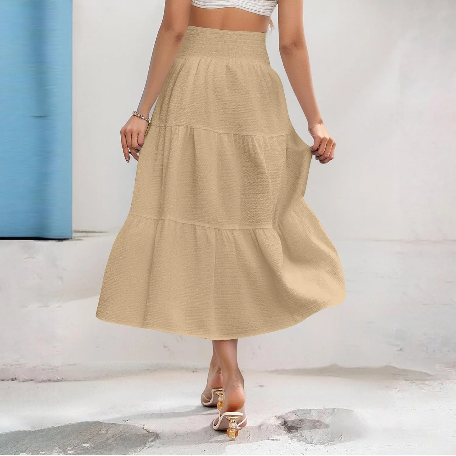 Linen Skirts for Women Smocked High Waisted Tiered Maxi Skirts Boho Summer Midi Length a Line Ruffle Long Flowy Skirts