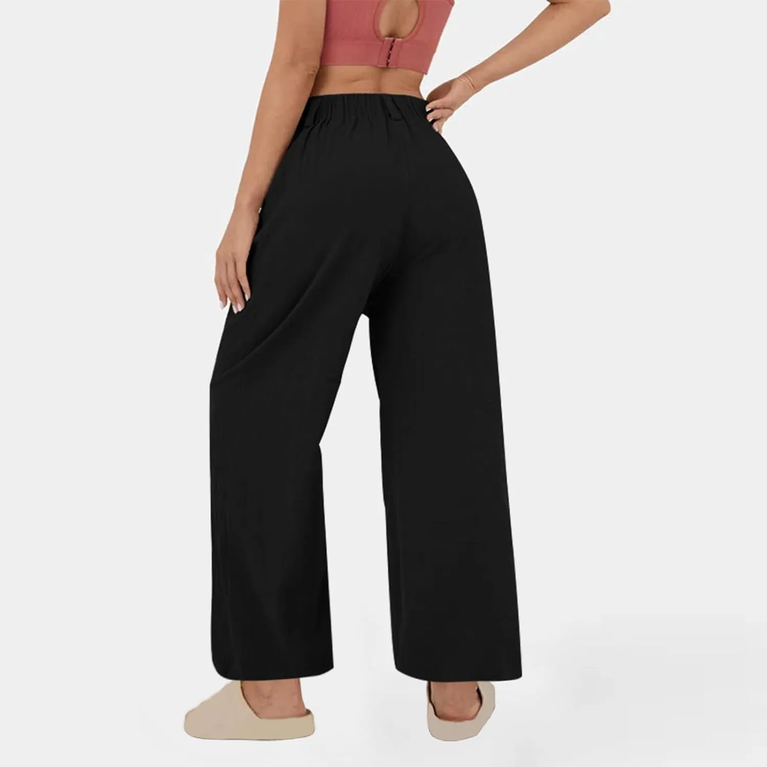 Lmdudan Cotton Linen Work Pants Women Business Casual Dressy Trousers Slacks Elastic High Waist Straight Leg Pant with Pocket