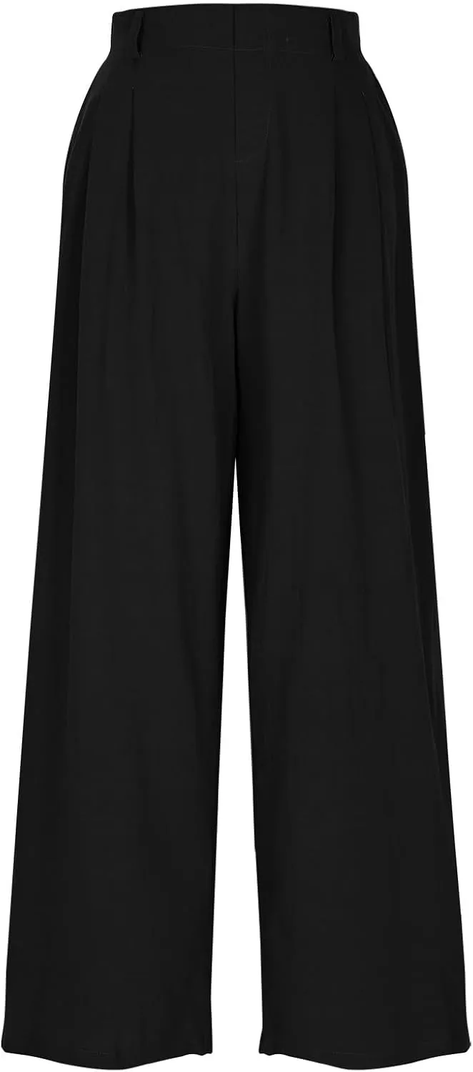 Lmdudan Cotton Linen Work Pants Women Business Casual Dressy Trousers Slacks Elastic High Waist Straight Leg Pant with Pocket