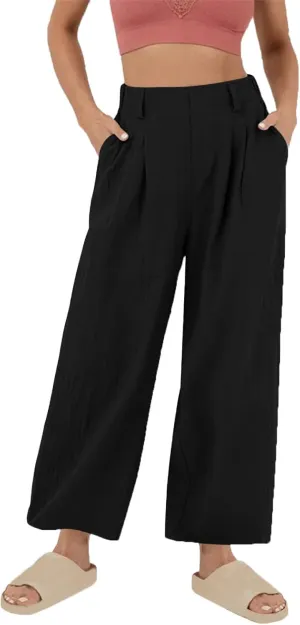 Lmdudan Cotton Linen Work Pants Women Business Casual Dressy Trousers Slacks Elastic High Waist Straight Leg Pant with Pocket