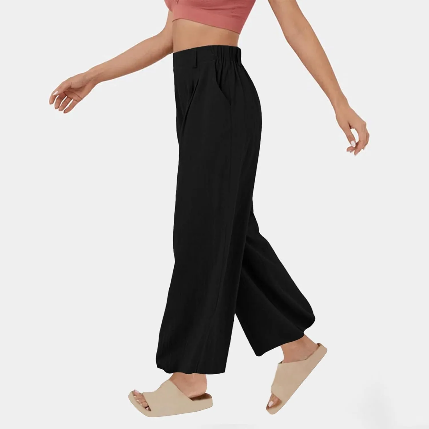 Lmdudan Cotton Linen Work Pants Women Business Casual Dressy Trousers Slacks Elastic High Waist Straight Leg Pant with Pocket