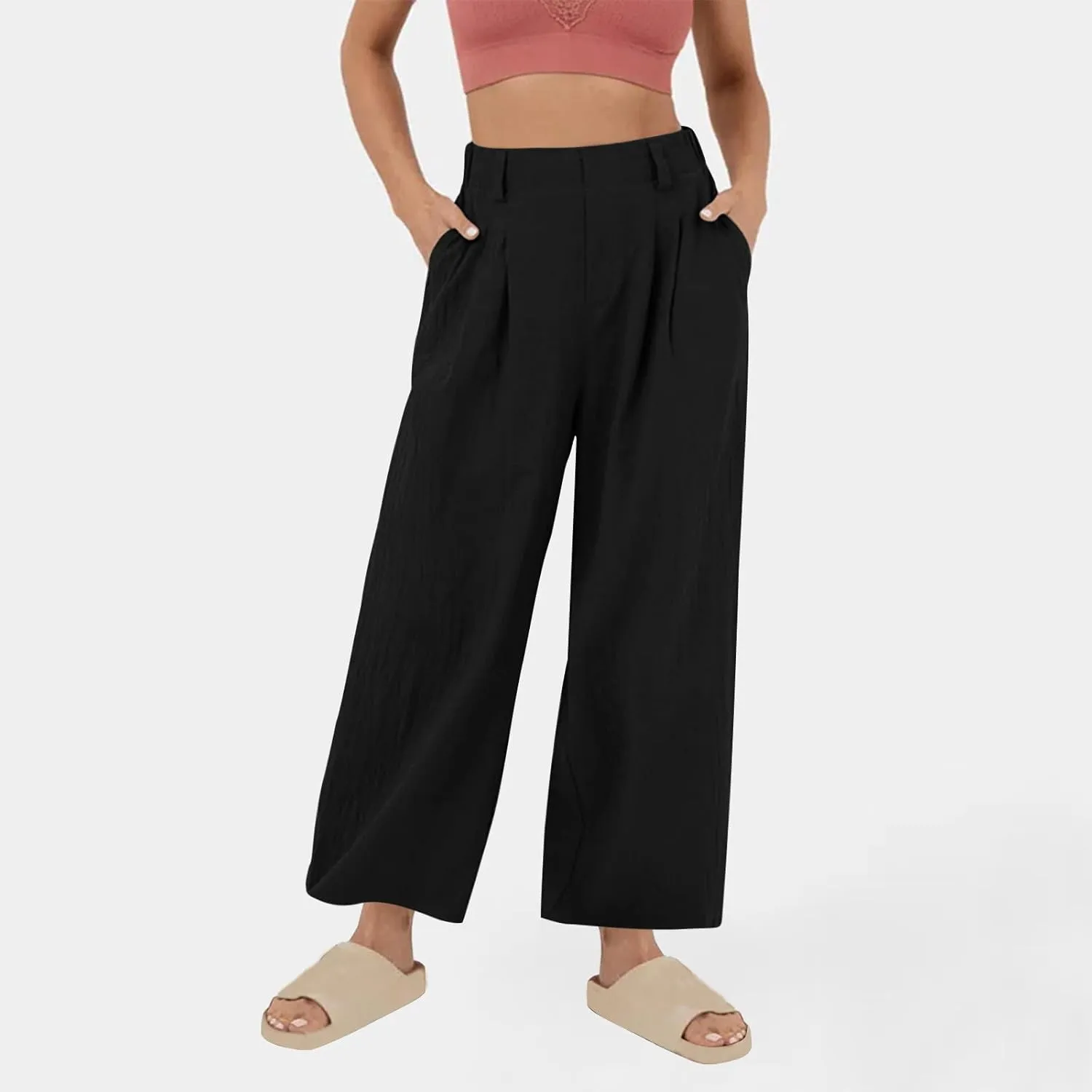Lmdudan Cotton Linen Work Pants Women Business Casual Dressy Trousers Slacks Elastic High Waist Straight Leg Pant with Pocket