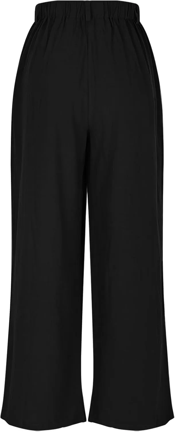 Lmdudan Cotton Linen Work Pants Women Business Casual Dressy Trousers Slacks Elastic High Waist Straight Leg Pant with Pocket