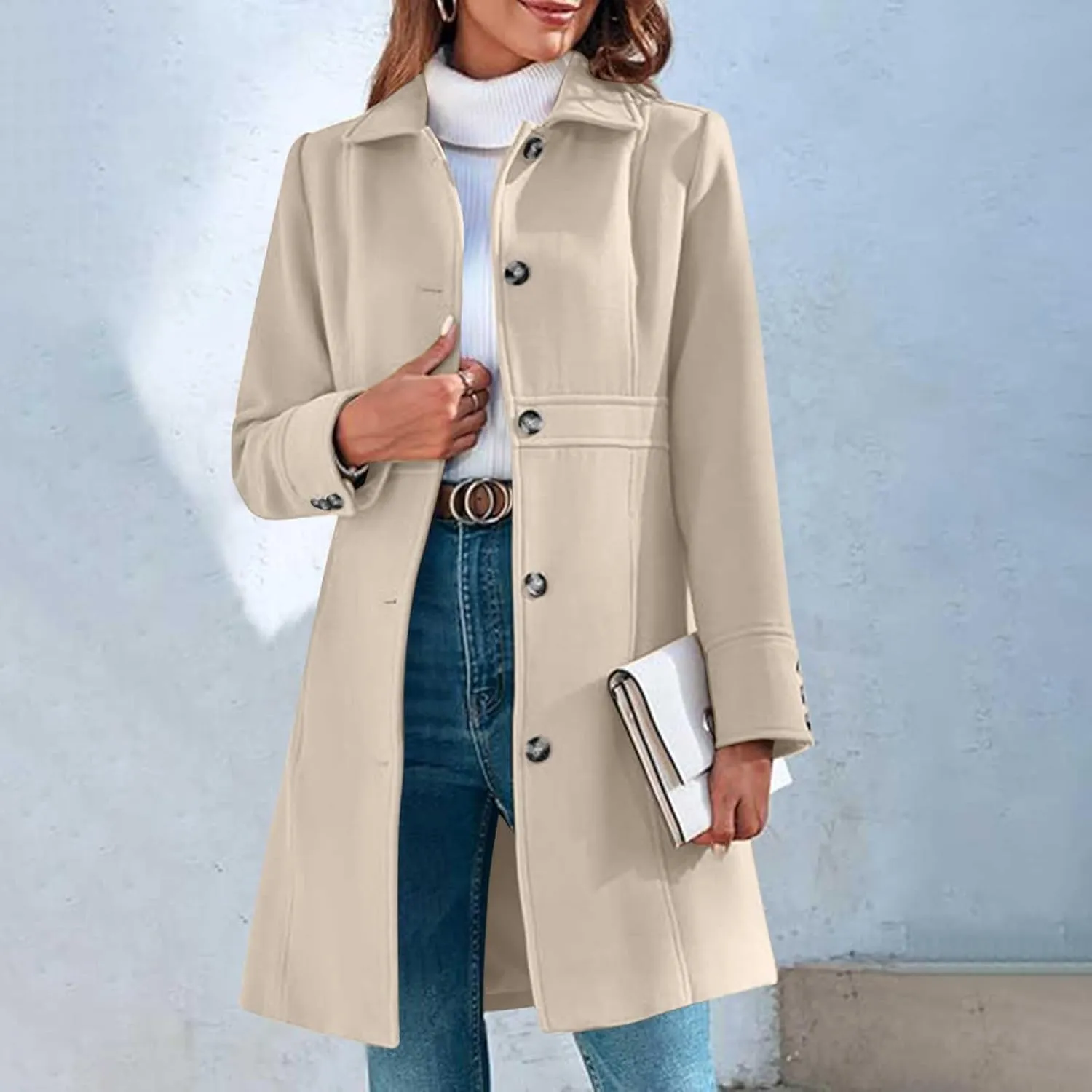 Lmdudan Women's Elegant Single Breasted Coat Long Sleeve Mid Winter Overcoat Solid Color Work Office Pea Coats with Pockets