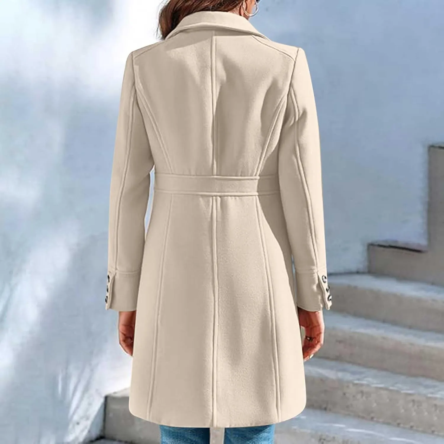 Lmdudan Women's Elegant Single Breasted Coat Long Sleeve Mid Winter Overcoat Solid Color Work Office Pea Coats with Pockets
