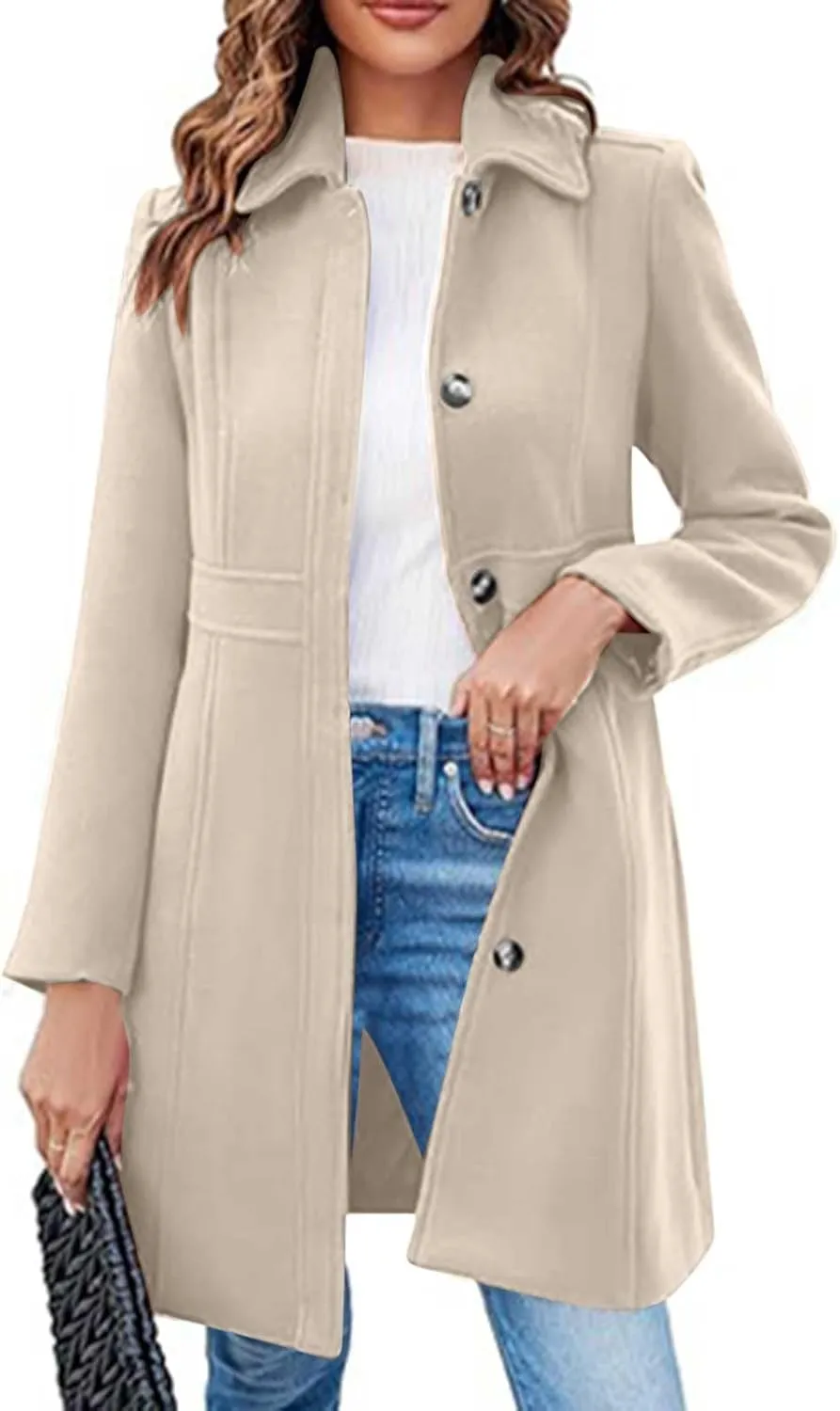 Lmdudan Women's Elegant Single Breasted Coat Long Sleeve Mid Winter Overcoat Solid Color Work Office Pea Coats with Pockets