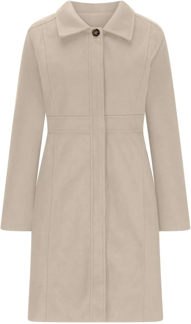 Lmdudan Women's Elegant Single Breasted Coat Long Sleeve Mid Winter Overcoat Solid Color Work Office Pea Coats with Pockets