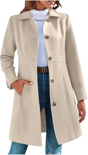 Lmdudan Women's Elegant Single Breasted Coat Long Sleeve Mid Winter Overcoat Solid Color Work Office Pea Coats with Pockets