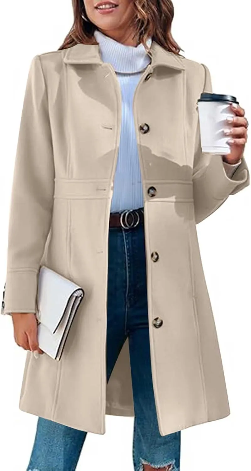 Lmdudan Women's Elegant Single Breasted Coat Long Sleeve Mid Winter Overcoat Solid Color Work Office Pea Coats with Pockets