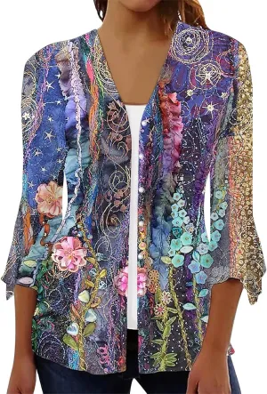 Long Cardigans for Women Trendy Floral Printed Button Down Open Front Cardigan 3/4 Sleeve Lightweight Cardigans