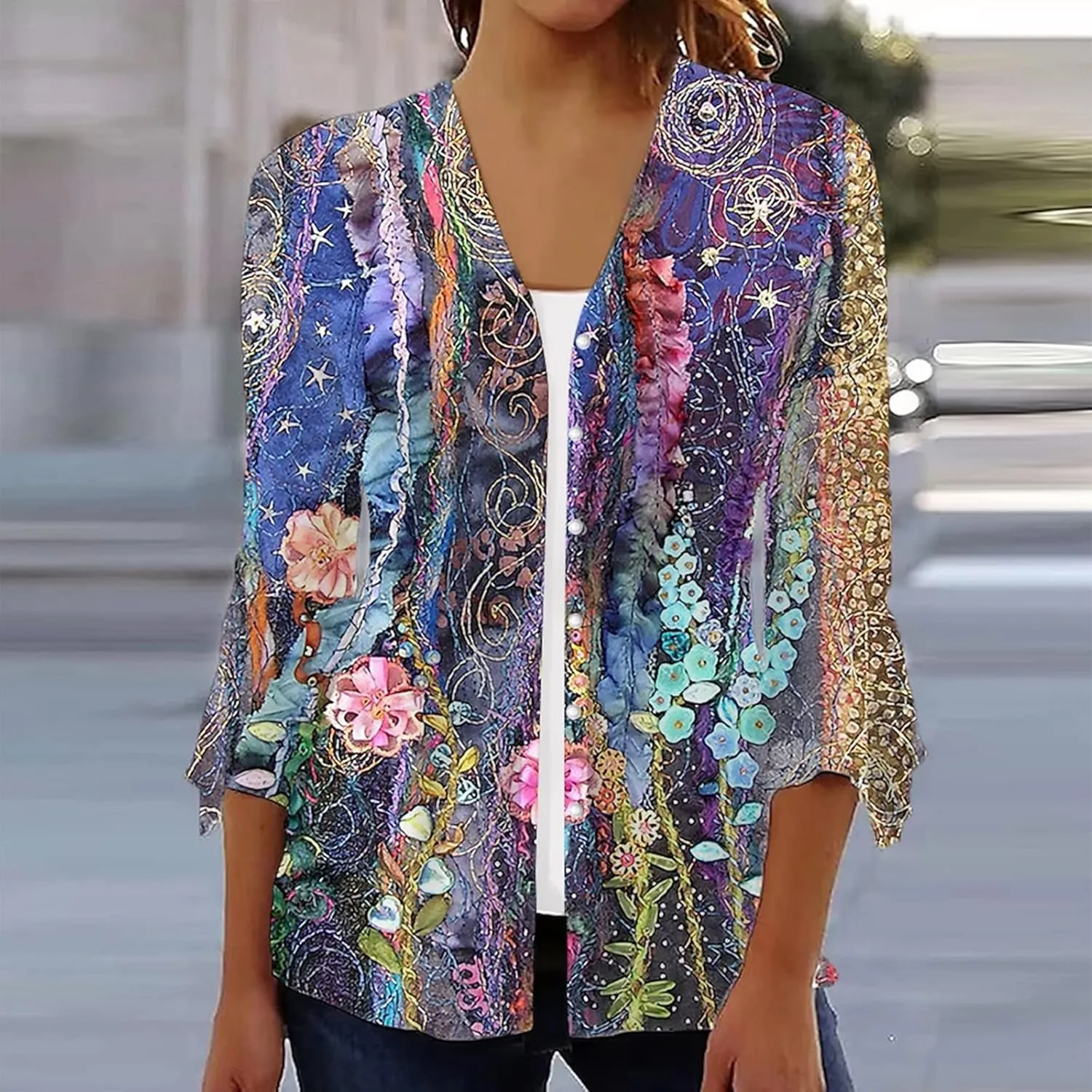 Long Cardigans for Women Trendy Floral Printed Button Down Open Front Cardigan 3/4 Sleeve Lightweight Cardigans