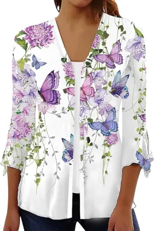 Long Cardigans for Women Trendy Floral Printed Button Down Open Front Cardigan 3/4 Sleeve Lightweight Cardigans