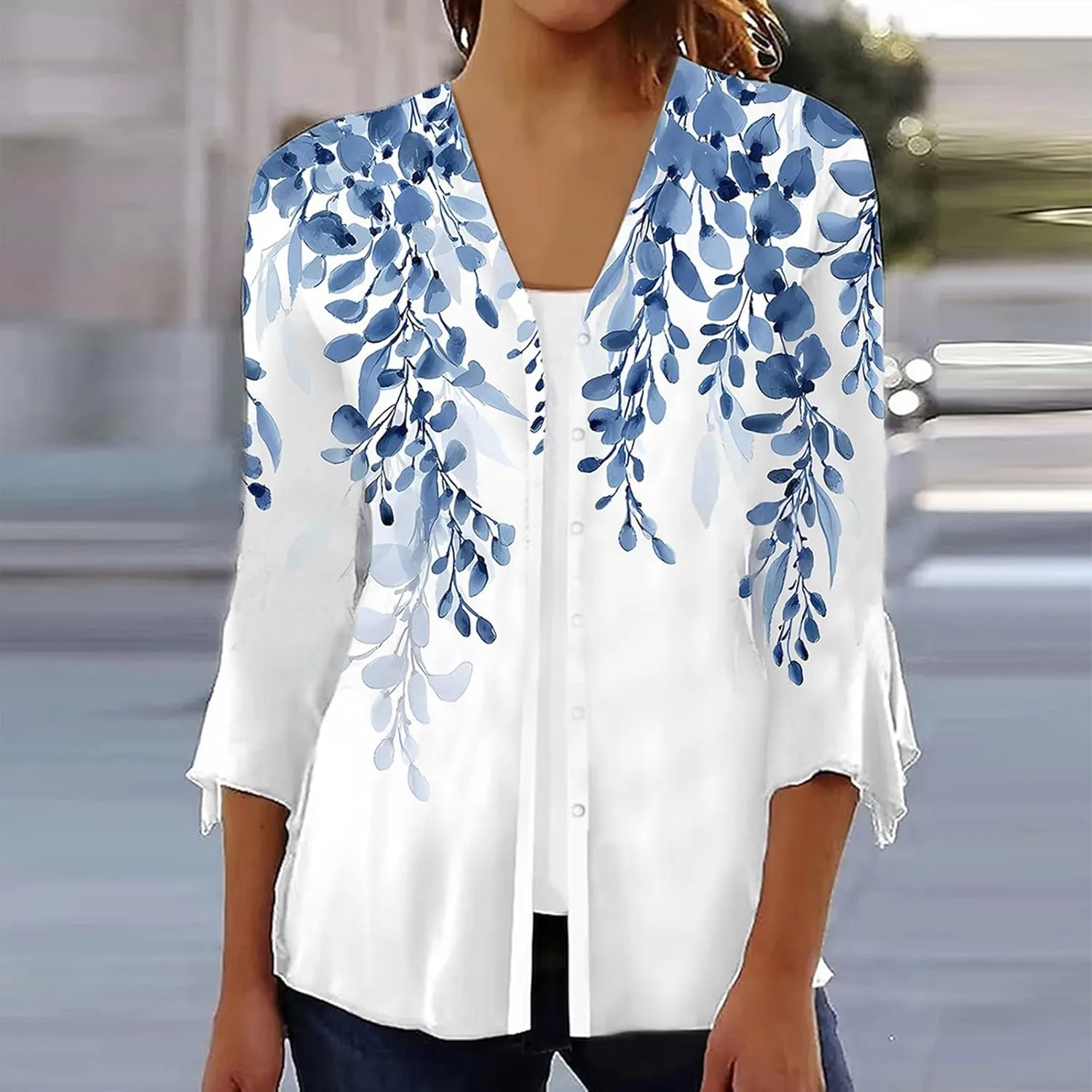 Long Cardigans for Women Trendy Floral Printed Button Down Open Front Cardigan 3/4 Sleeve Lightweight Cardigans