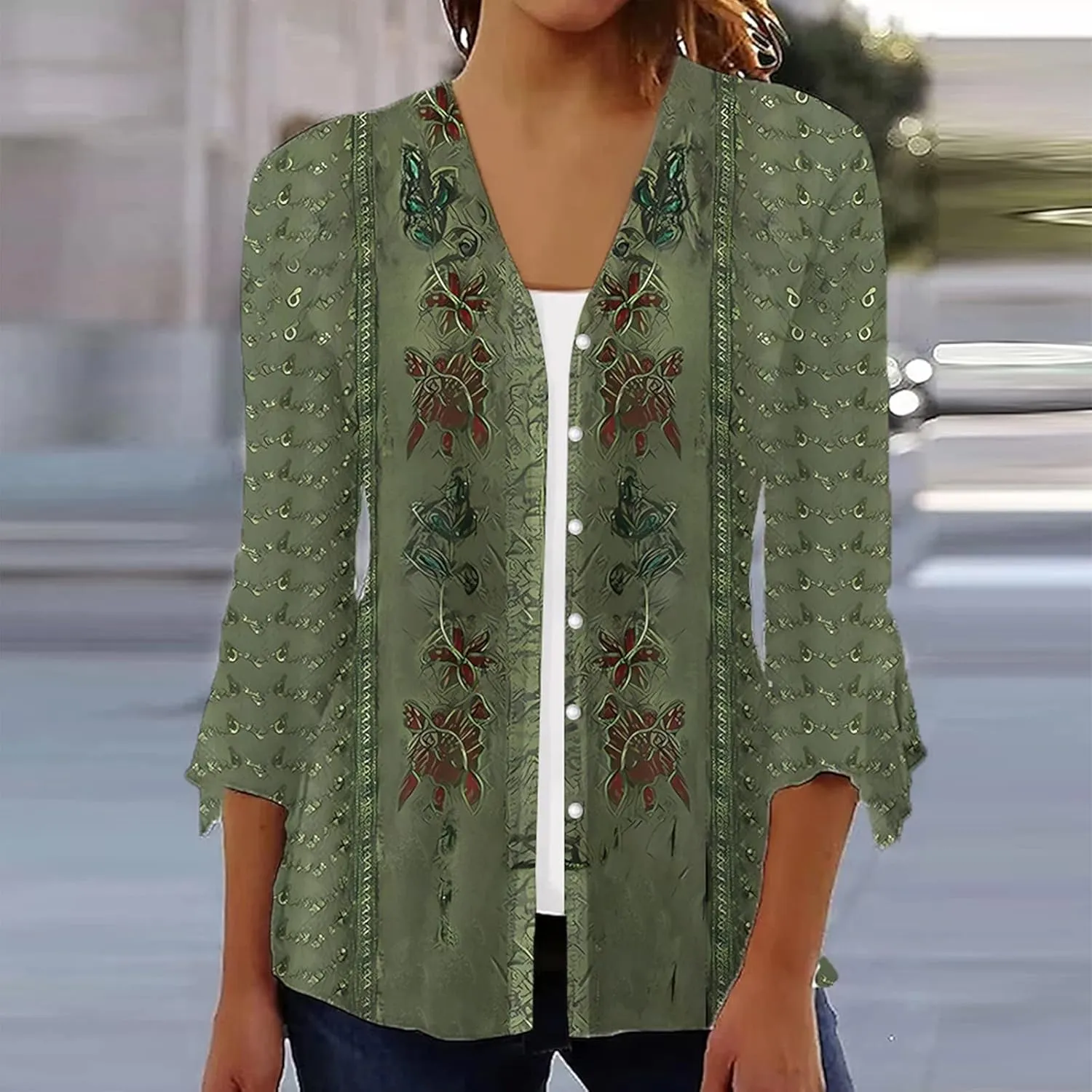 Long Cardigans for Women Trendy Floral Printed Button Down Open Front Cardigan 3/4 Sleeve Lightweight Cardigans