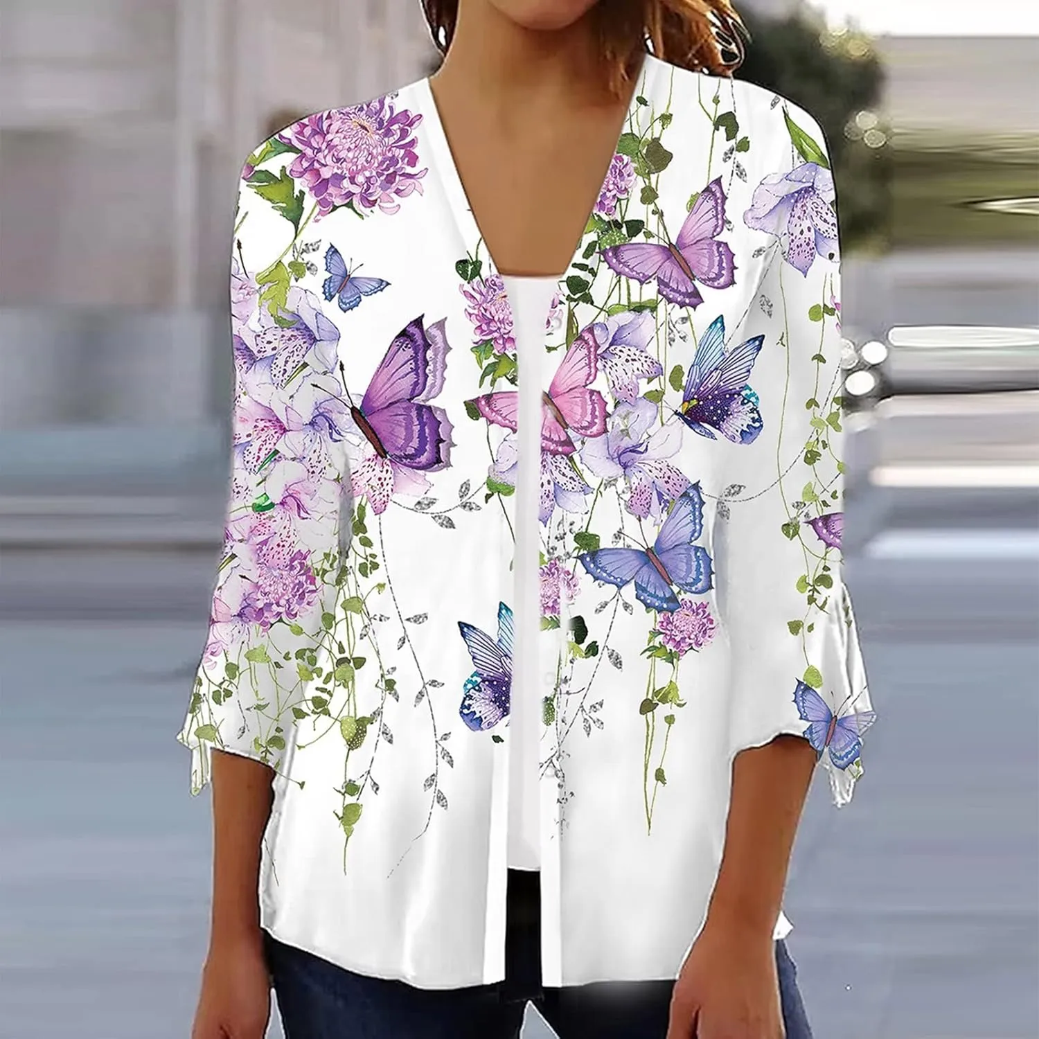 Long Cardigans for Women Trendy Floral Printed Button Down Open Front Cardigan 3/4 Sleeve Lightweight Cardigans