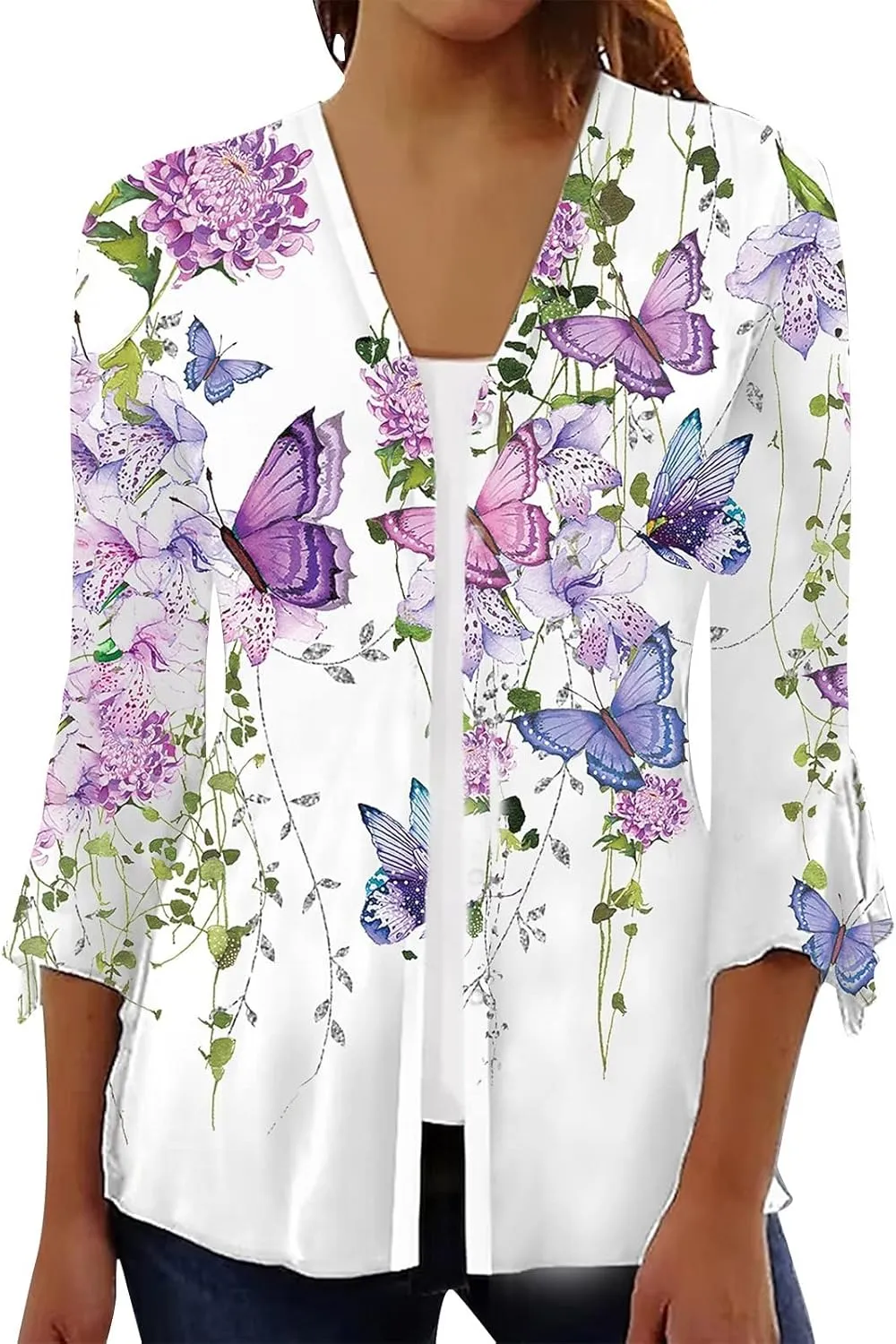 Long Cardigans for Women Trendy Floral Printed Button Down Open Front Cardigan 3/4 Sleeve Lightweight Cardigans