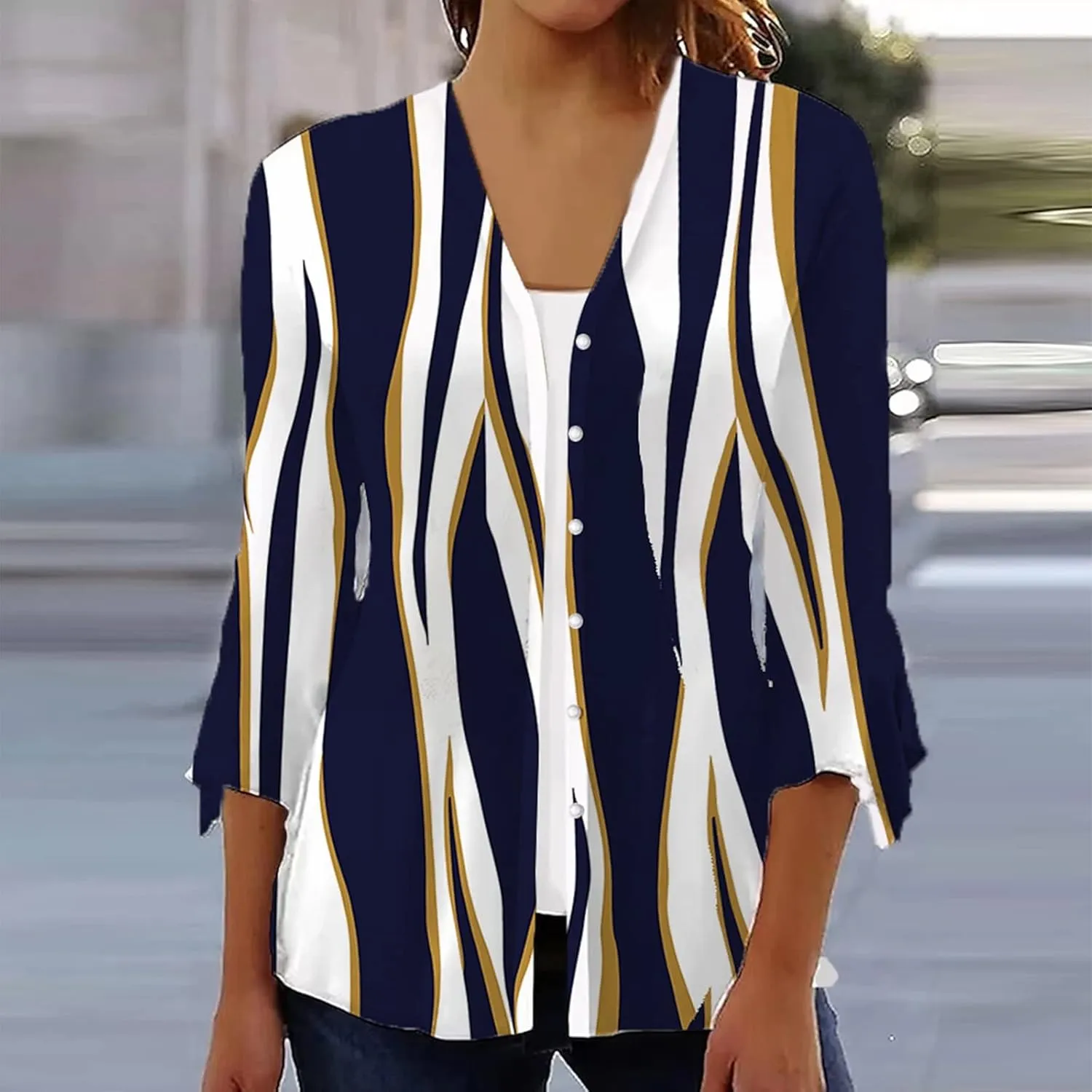 Long Cardigans for Women Trendy Floral Printed Button Down Open Front Cardigan 3/4 Sleeve Lightweight Cardigans