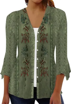 Long Cardigans for Women Trendy Floral Printed Button Down Open Front Cardigan 3/4 Sleeve Lightweight Cardigans