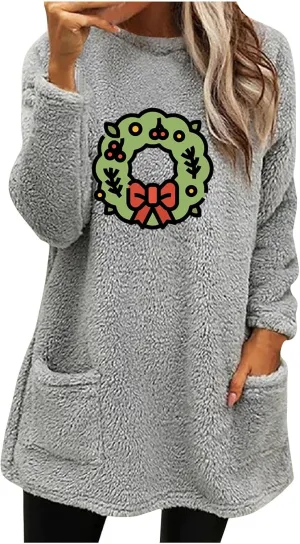 Long Fleece Sweatshirt for Women Fashion Graphic Sweater Tops Sherpa Linend Pullover with Pockets Long Sleeve Tunic