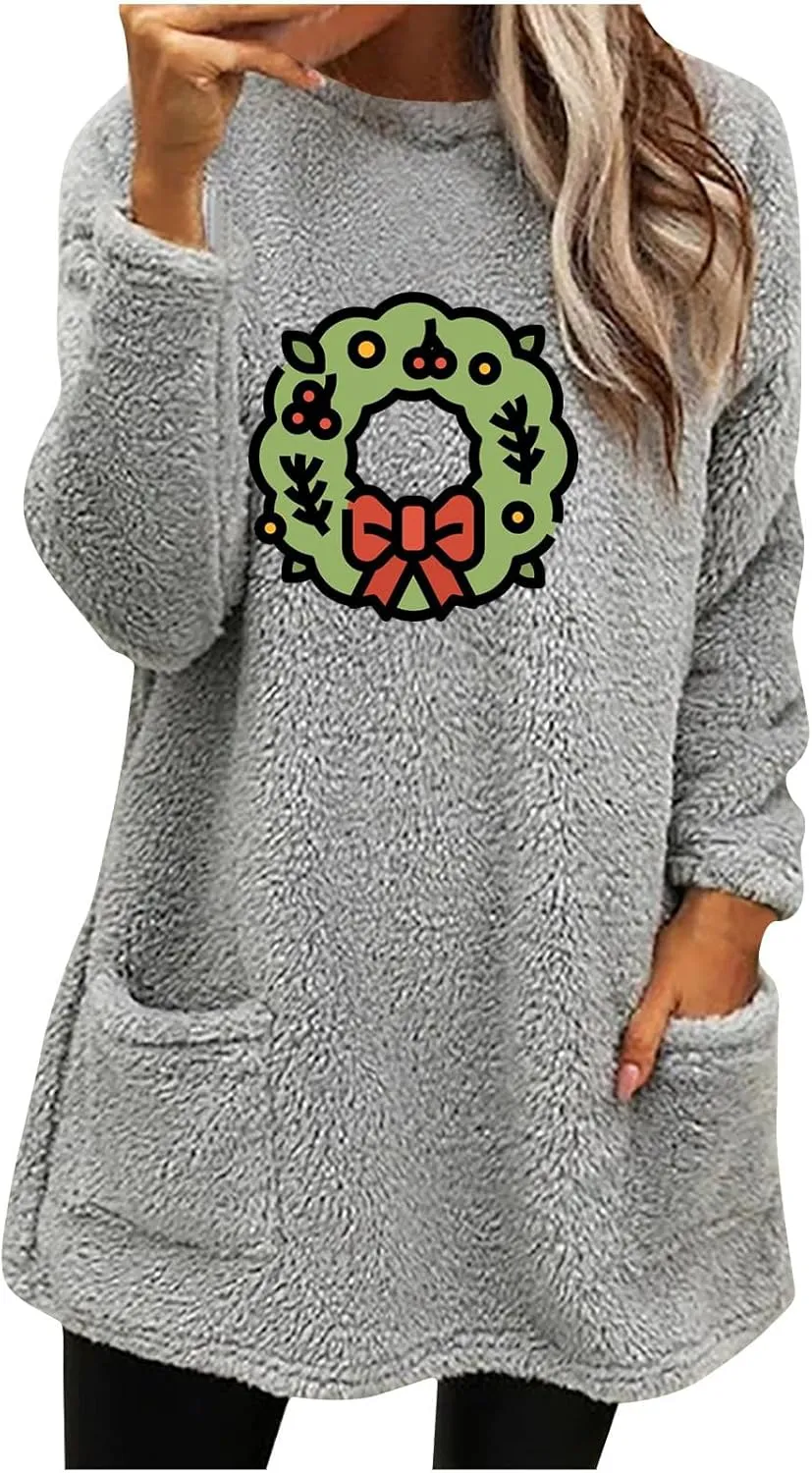 Long Fleece Sweatshirt for Women Fashion Graphic Sweater Tops Sherpa Linend Pullover with Pockets Long Sleeve Tunic