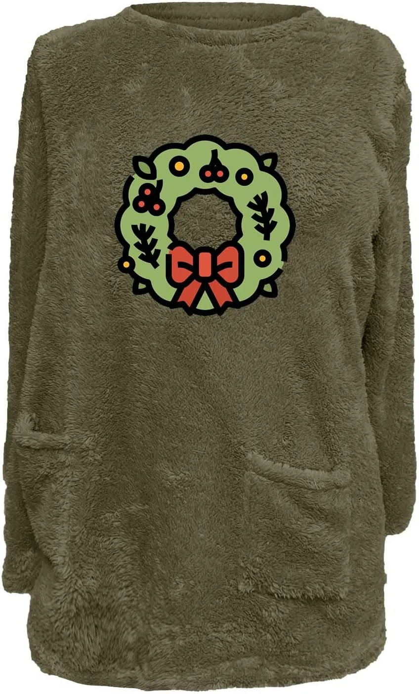 Long Fleece Sweatshirt for Women Fashion Graphic Sweater Tops Sherpa Linend Pullover with Pockets Long Sleeve Tunic