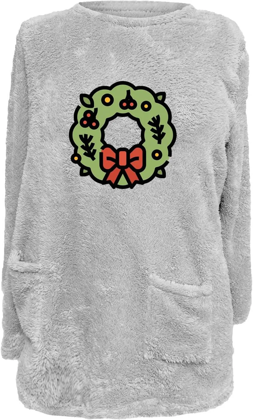 Long Fleece Sweatshirt for Women Fashion Graphic Sweater Tops Sherpa Linend Pullover with Pockets Long Sleeve Tunic