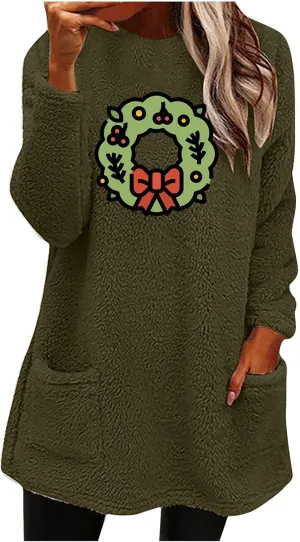 Long Fleece Sweatshirt for Women Fashion Graphic Sweater Tops Sherpa Linend Pullover with Pockets Long Sleeve Tunic