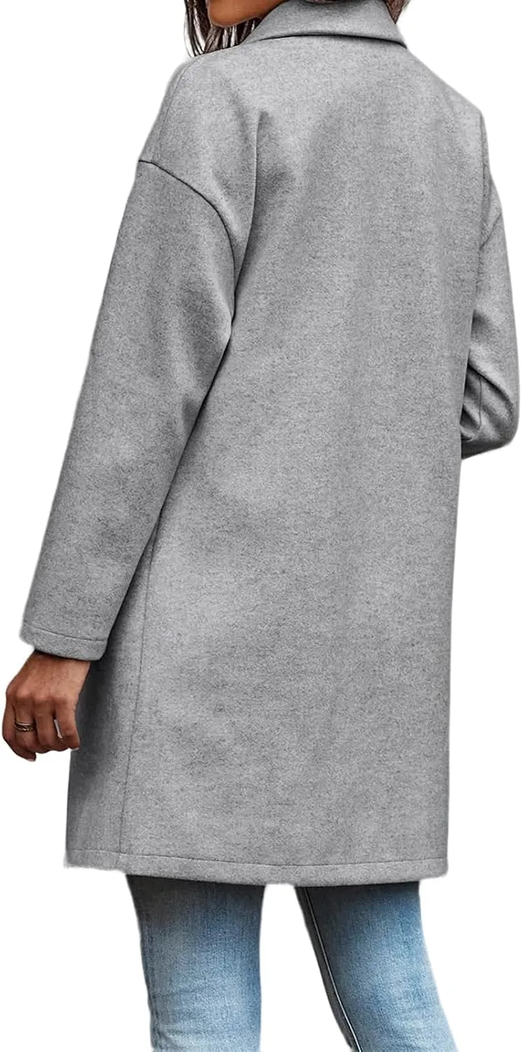 Long Jackets for Women Lapel Collar Cardigan Casual Wool Coats Double Breasted Trench Coats Pea Coats with Pockets