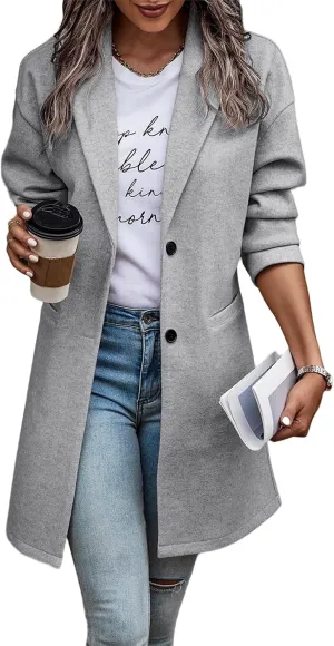 Long Jackets for Women Lapel Collar Cardigan Casual Wool Coats Double Breasted Trench Coats Pea Coats with Pockets