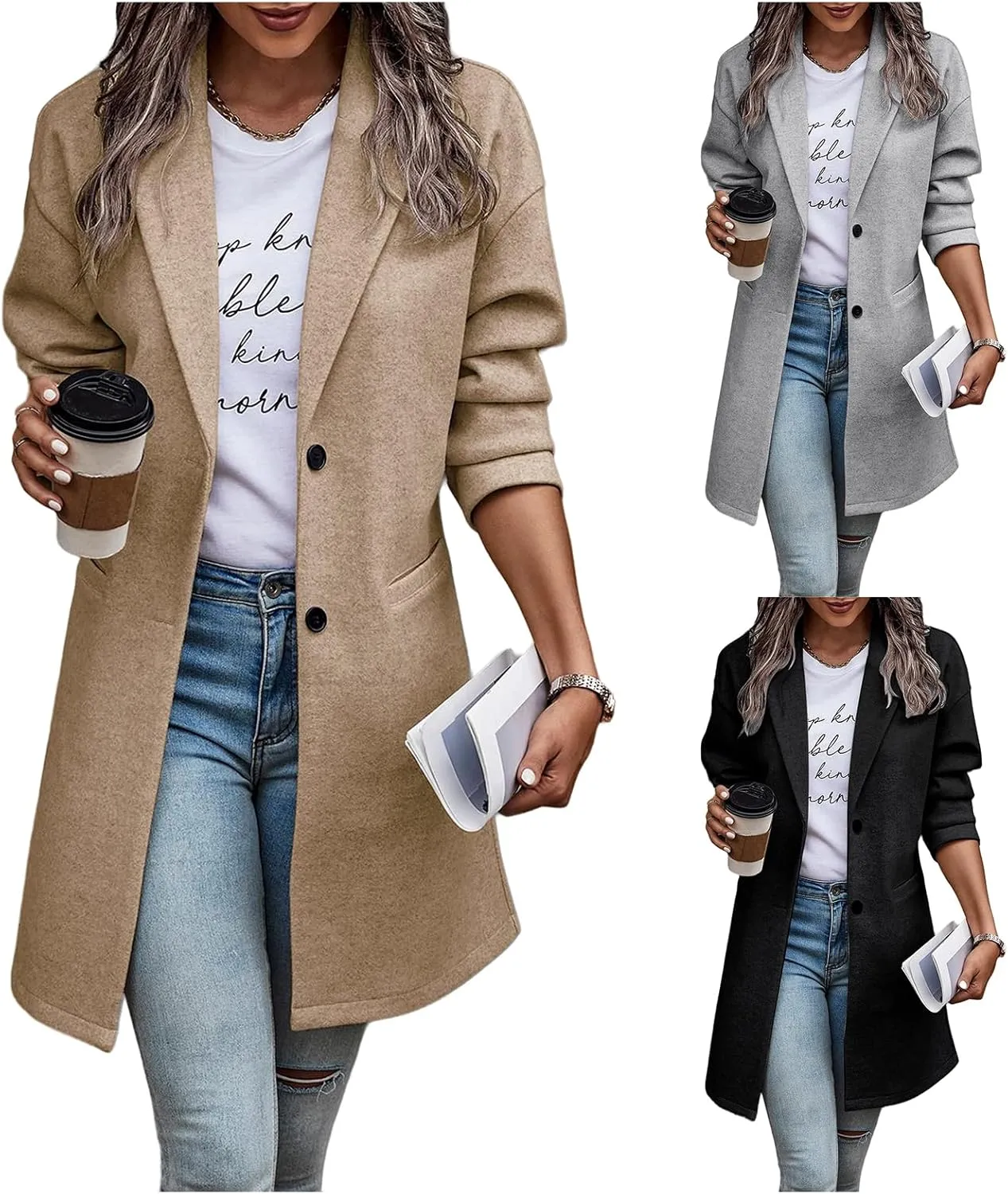 Long Jackets for Women Lapel Collar Cardigan Casual Wool Coats Double Breasted Trench Coats Pea Coats with Pockets
