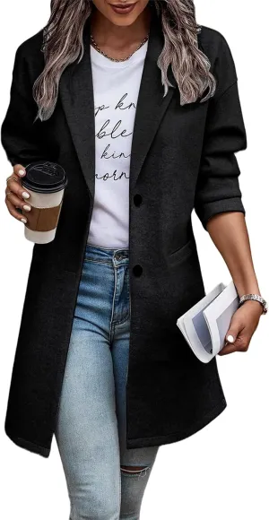 Long Jackets for Women Lapel Collar Cardigan Casual Wool Coats Double Breasted Trench Coats Pea Coats with Pockets