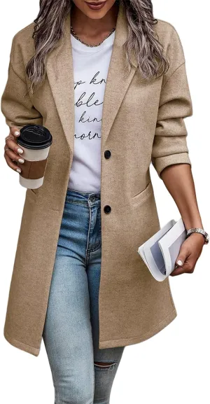 Long Jackets for Women Lapel Collar Cardigan Casual Wool Coats Double Breasted Trench Coats Pea Coats with Pockets