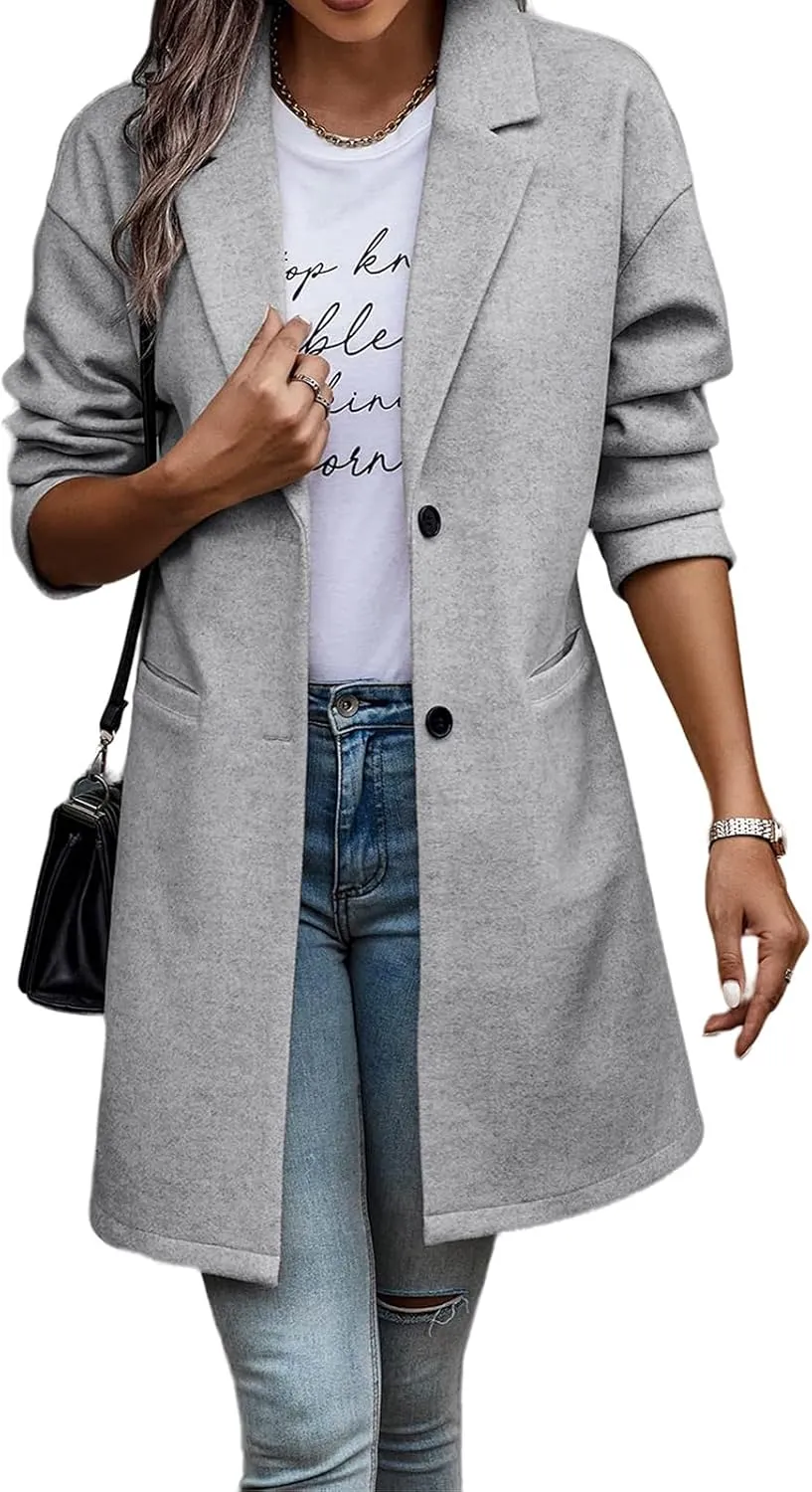 Long Jackets for Women Lapel Collar Cardigan Casual Wool Coats Double Breasted Trench Coats Pea Coats with Pockets