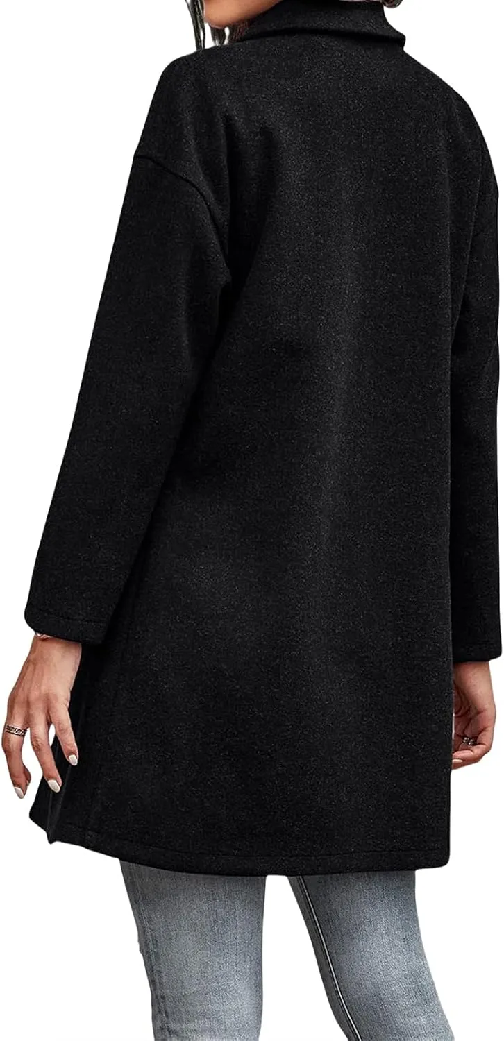 Long Jackets for Women Lapel Collar Cardigan Casual Wool Coats Double Breasted Trench Coats Pea Coats with Pockets