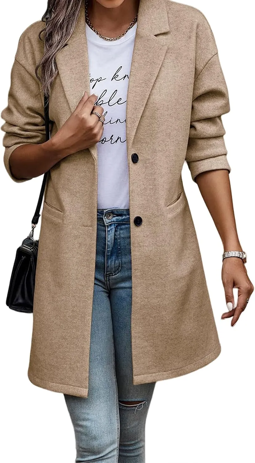 Long Jackets for Women Lapel Collar Cardigan Casual Wool Coats Double Breasted Trench Coats Pea Coats with Pockets