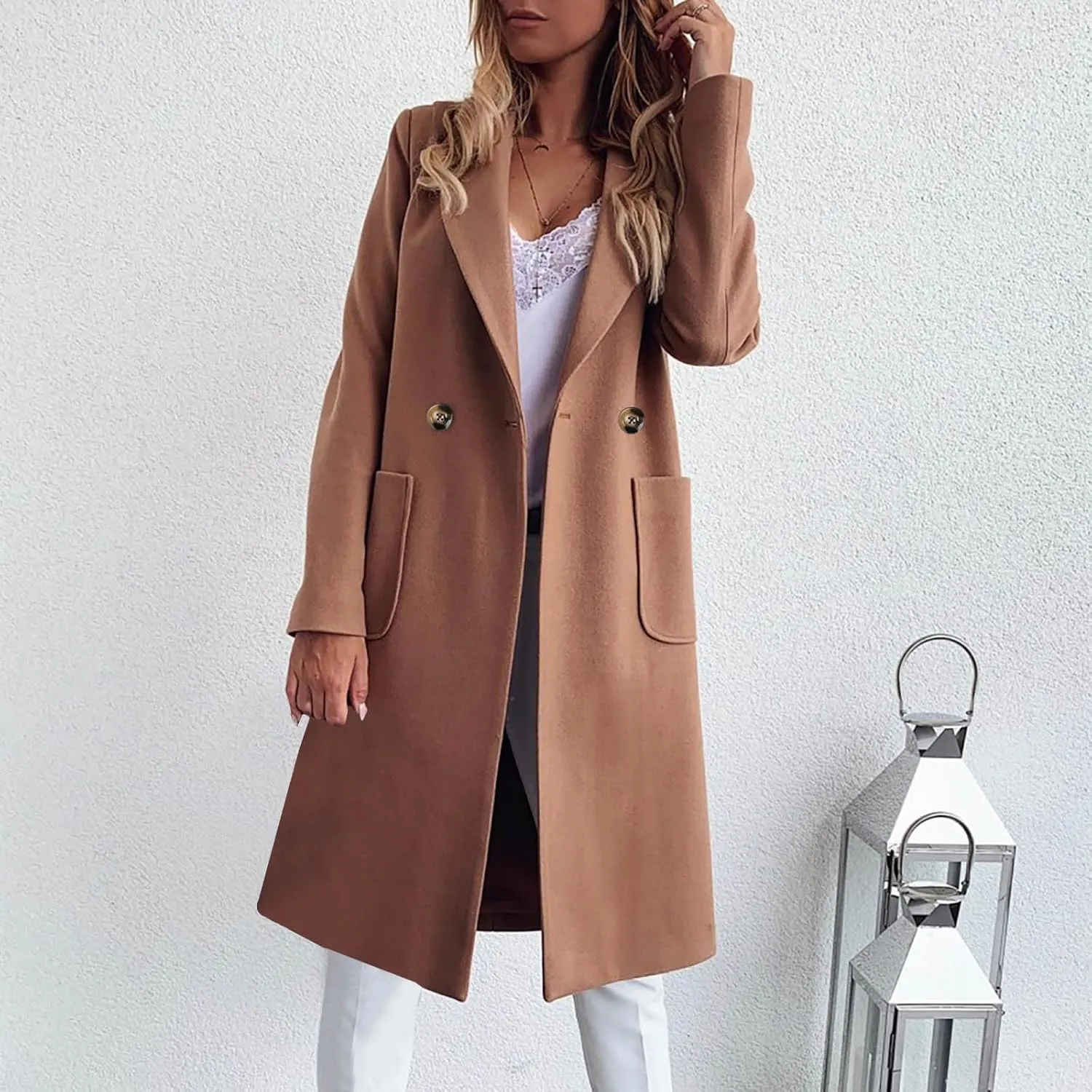 Long Jackets for Women Trendy Open Front Jacket Double Breasted Outwear Casual Winter Trench Coat with Pocket