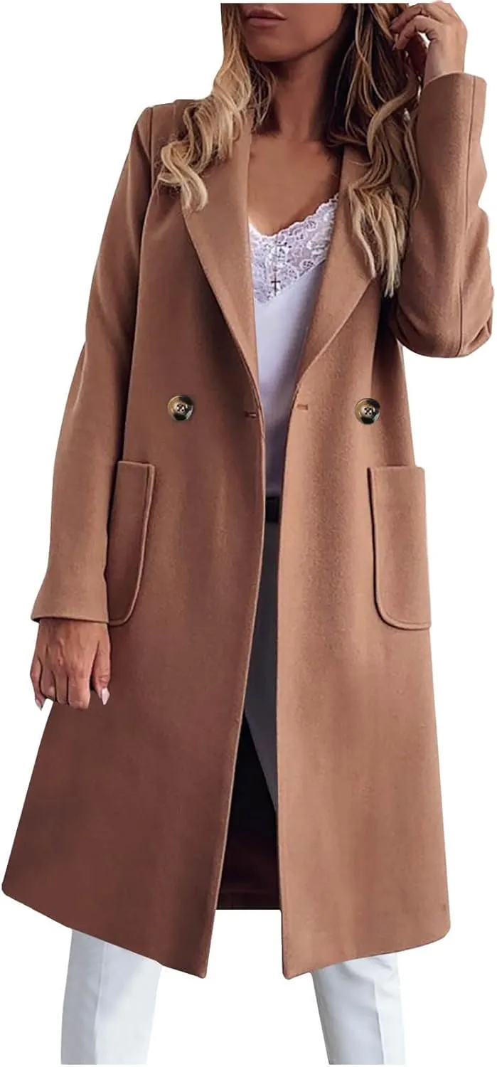 Long Jackets for Women Trendy Open Front Jacket Double Breasted Outwear Casual Winter Trench Coat with Pocket