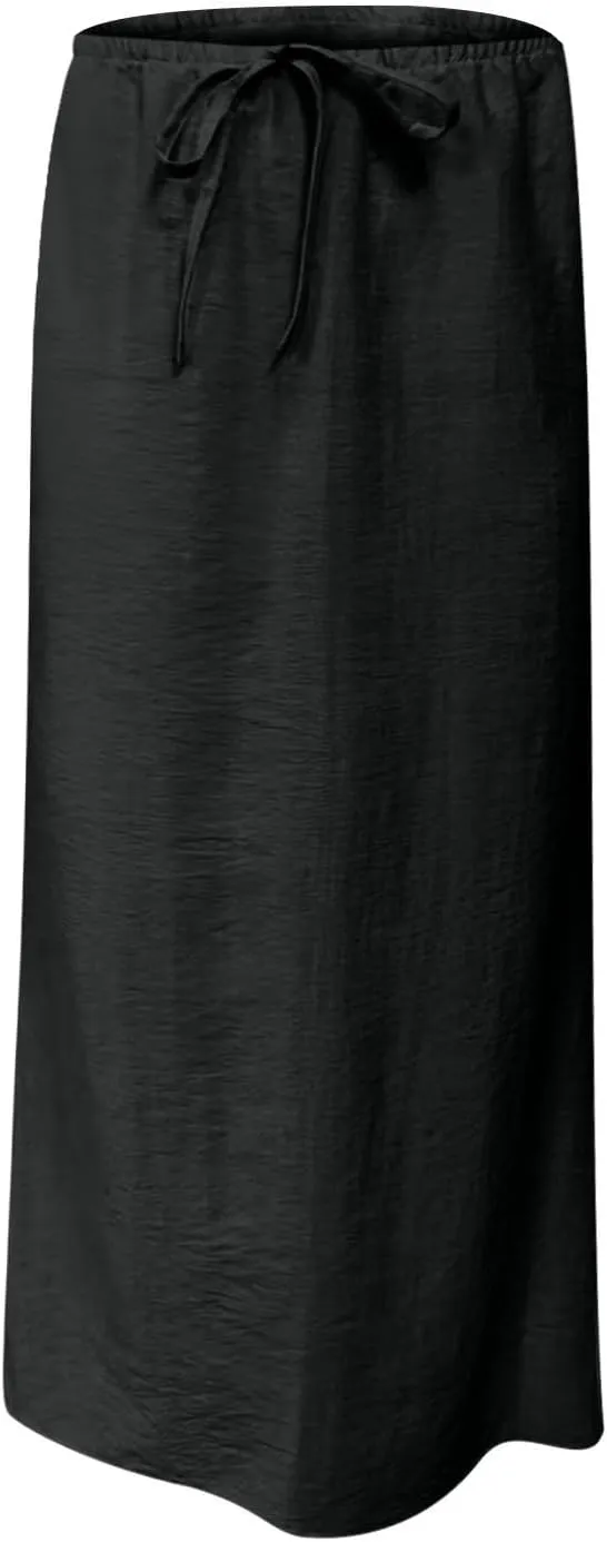 Long Skirts for Women Boho Linen Skirts Drawstring Waist Casual Summer Skirts Flare Maxi Skirts for Beach Vacation
