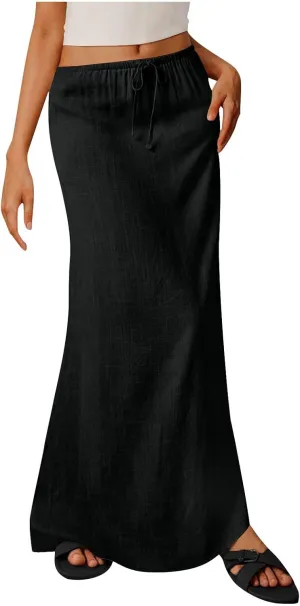 Long Skirts for Women Boho Linen Skirts Drawstring Waist Casual Summer Skirts Flare Maxi Skirts for Beach Vacation